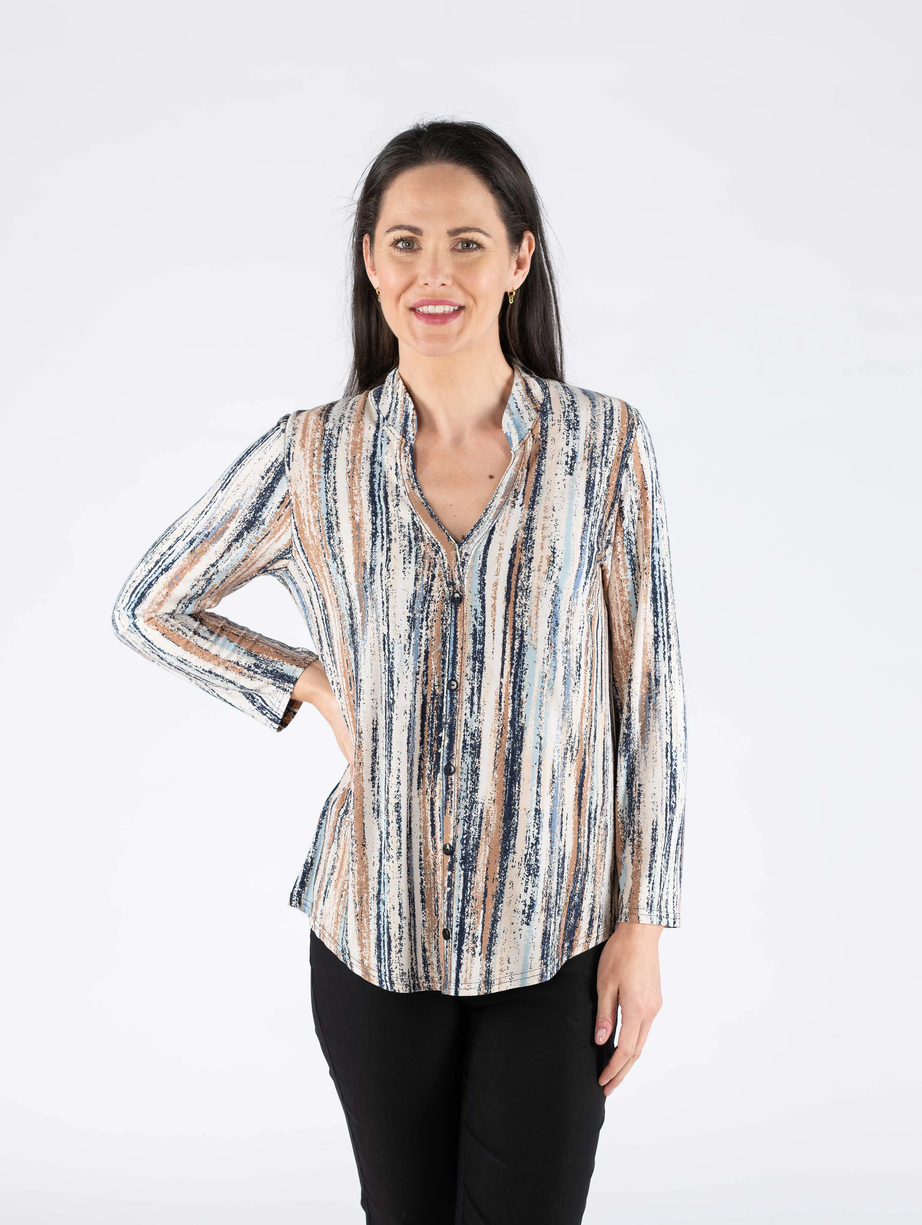 Stripe Print Top With Button Placket - Beige Multi