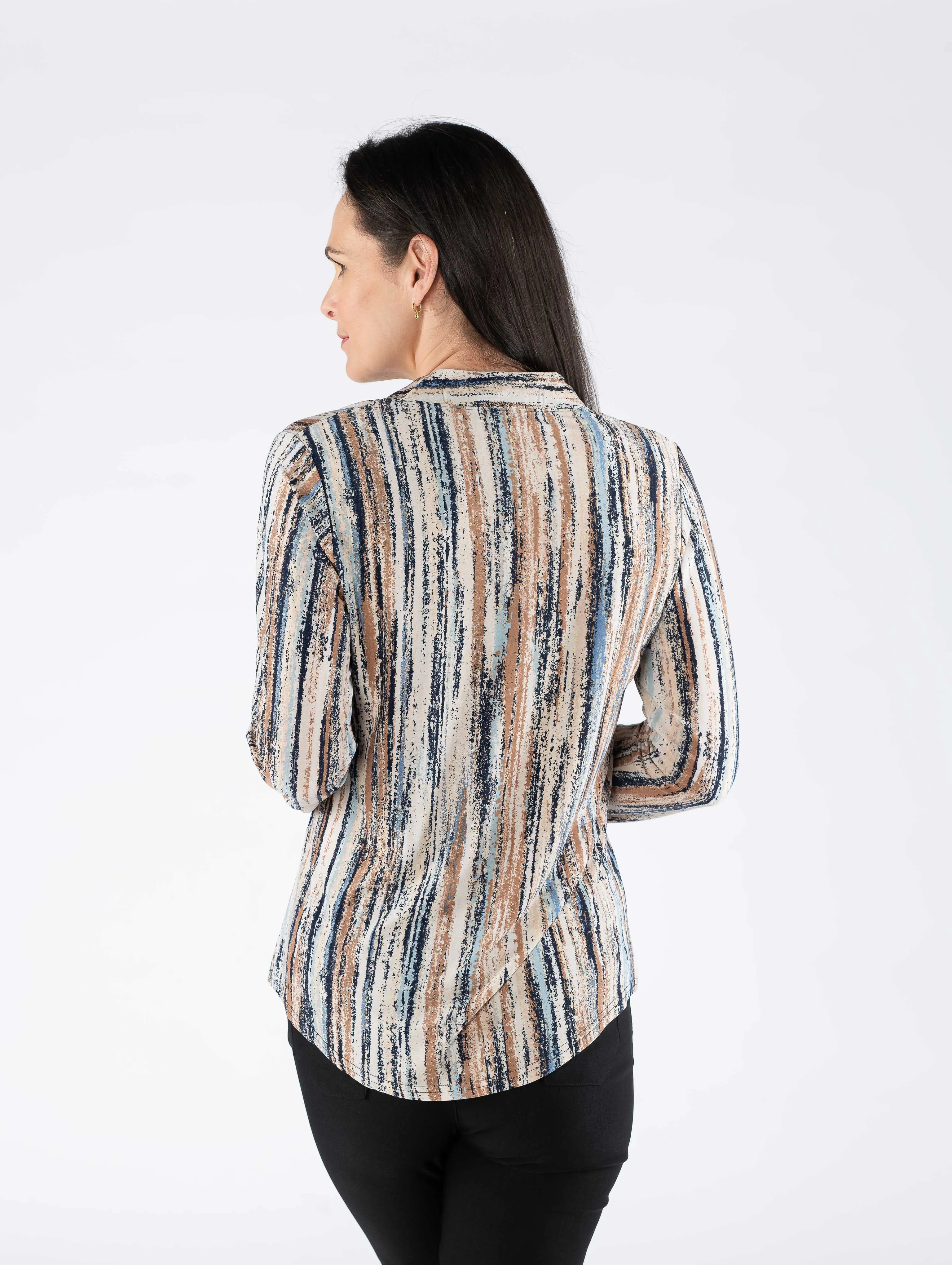 Stripe Print Top With Button Placket - Beige Multi