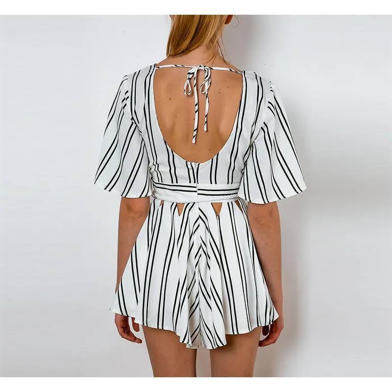 Striped V-neck Short Sleeves Backless Bandage Romper