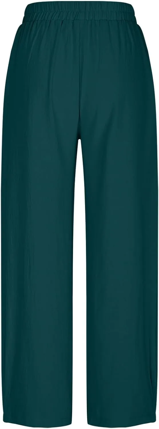 Summer Cotton Linen Pants Women Elastic Waist Straight Wide Leg Beach Trousers Cozy Lightweight Resort Pant Plus Size