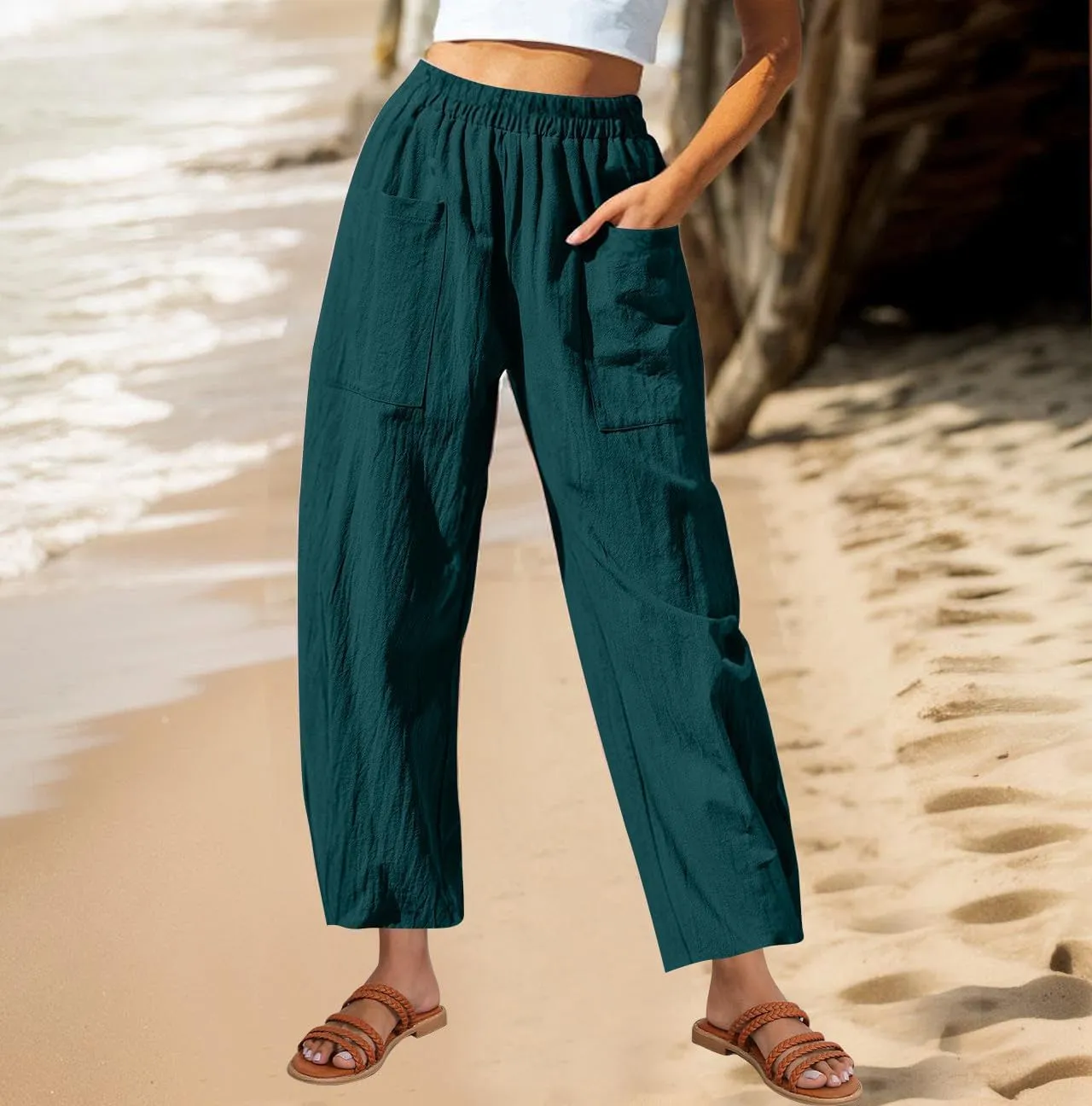 Summer Cotton Linen Pants Women Elastic Waist Straight Wide Leg Beach Trousers Cozy Lightweight Resort Pant Plus Size