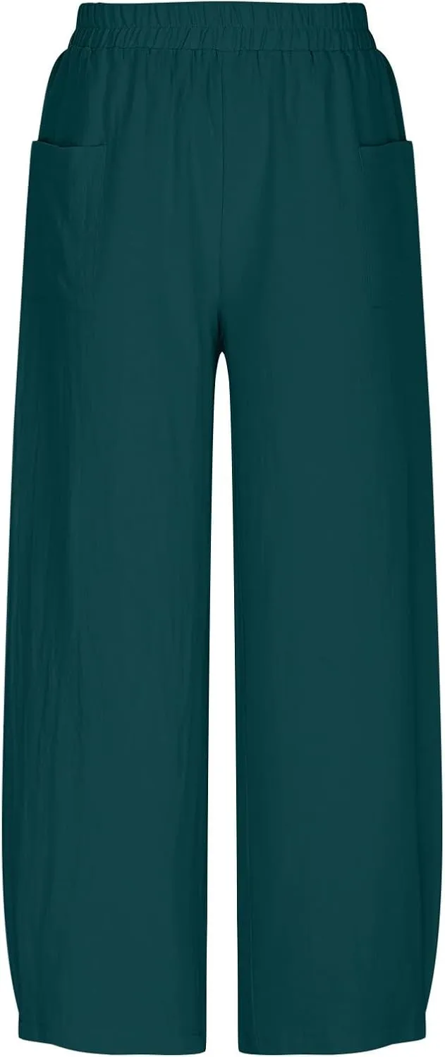 Summer Cotton Linen Pants Women Elastic Waist Straight Wide Leg Beach Trousers Cozy Lightweight Resort Pant Plus Size