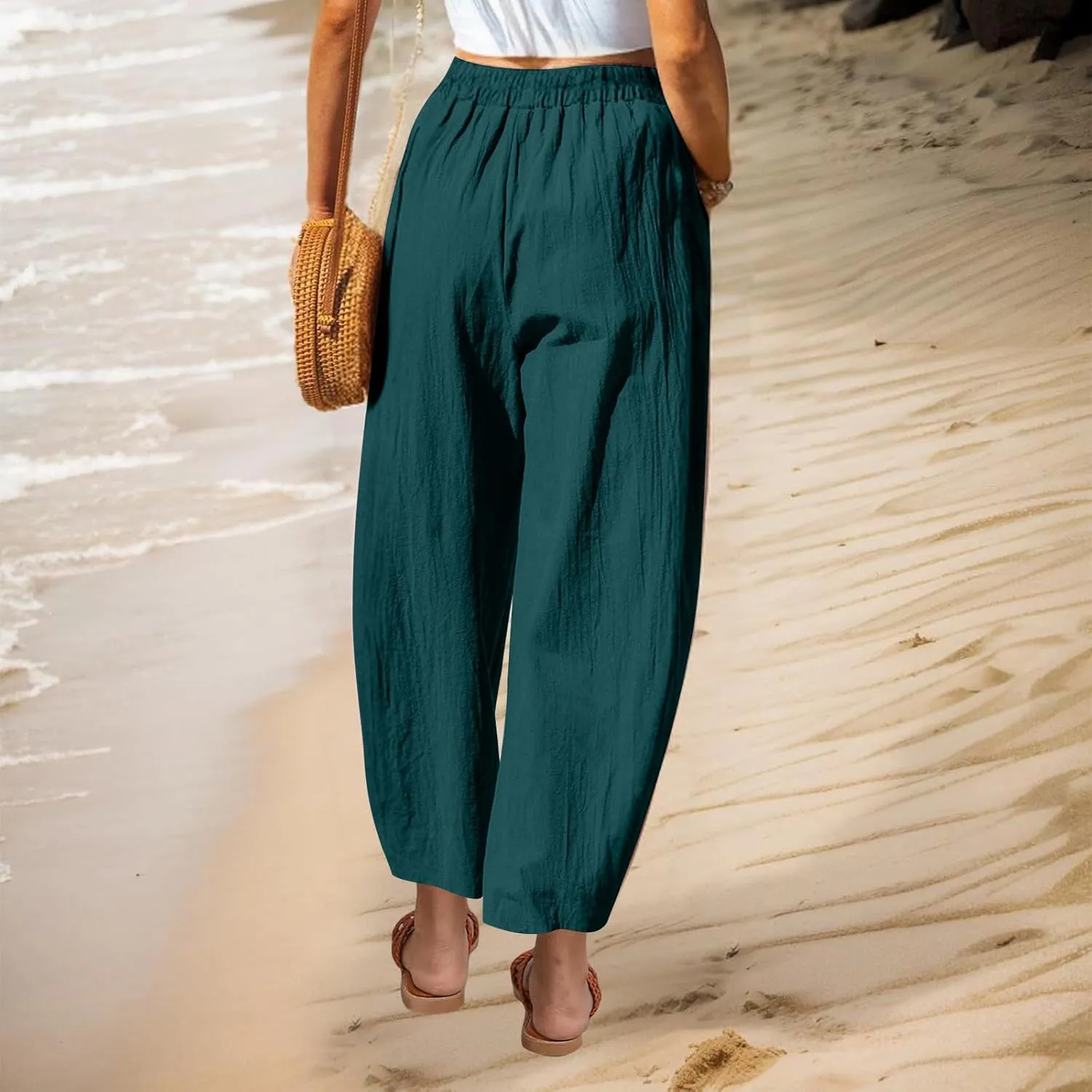 Summer Cotton Linen Pants Women Elastic Waist Straight Wide Leg Beach Trousers Cozy Lightweight Resort Pant Plus Size