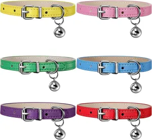 Weewooday 6 Pieces Leather Cat Collar with Bell Leather Kitten Collar Cat Collar for Boy Cats, Girl Cats with Safety Elastic Strap Cute Pet Collars for Small Cat Kitten Puppy(Bright Color)