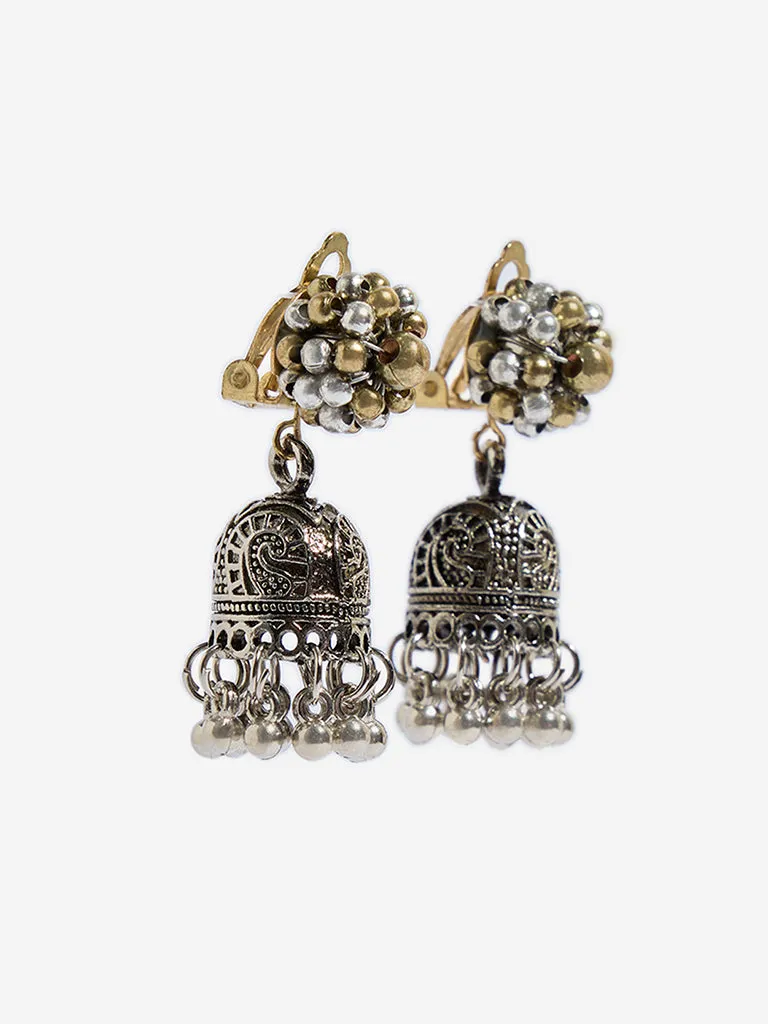 Westside Accessories Gold & Silver Oxidised Floral Stud Jhumka Earrings