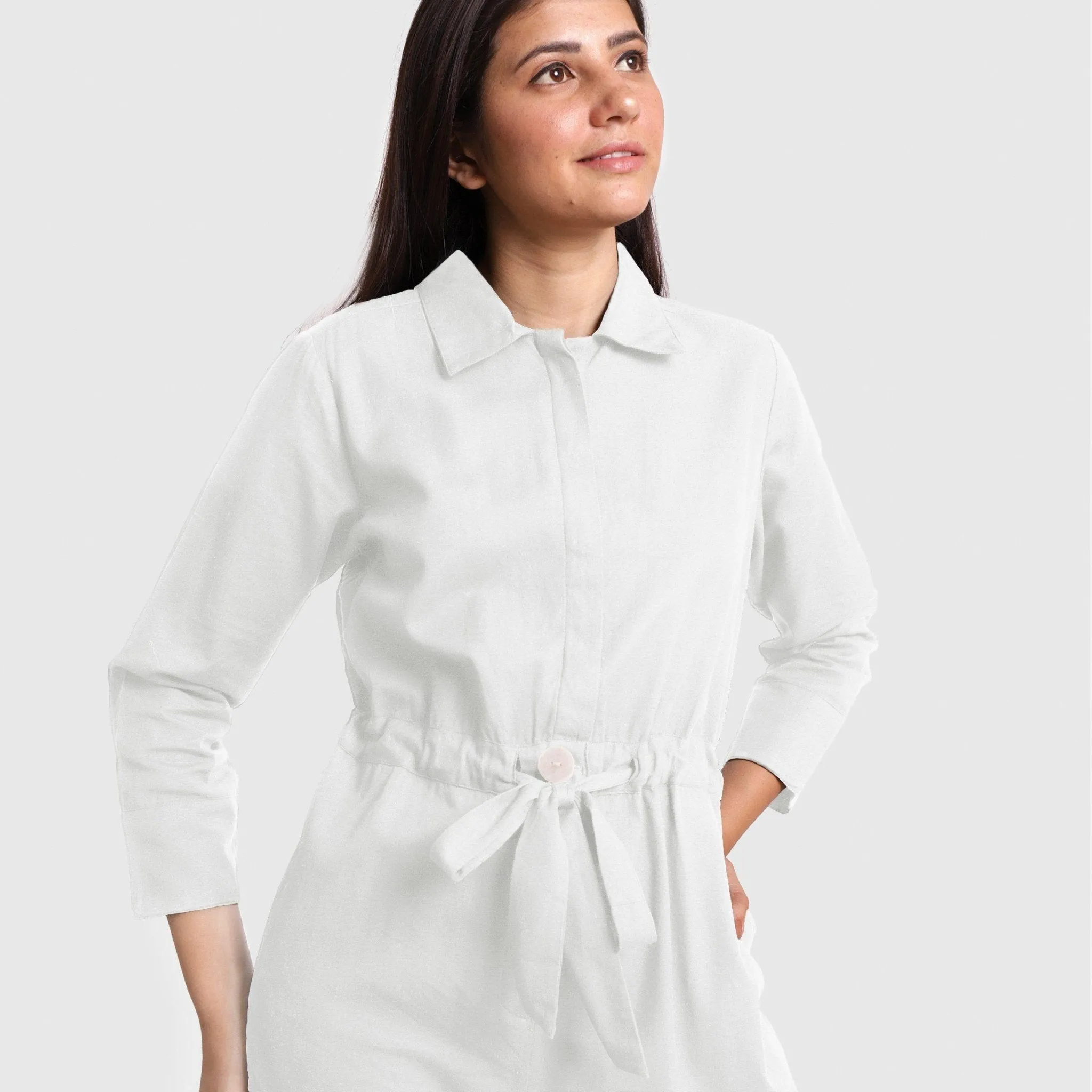 White Flat Collar Cotton Flax Elasticated Wide Legged Overall