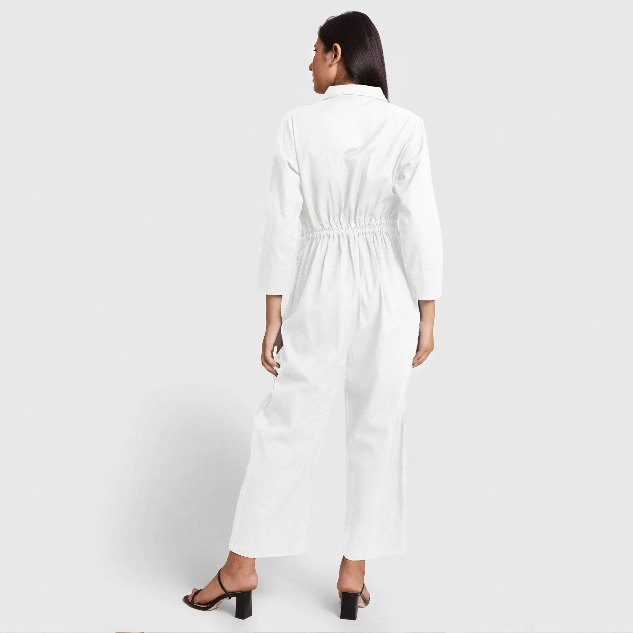 White Flat Collar Cotton Flax Elasticated Wide Legged Overall