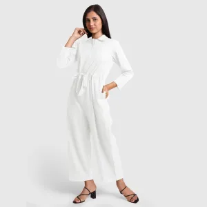 White Flat Collar Cotton Flax Elasticated Wide Legged Overall