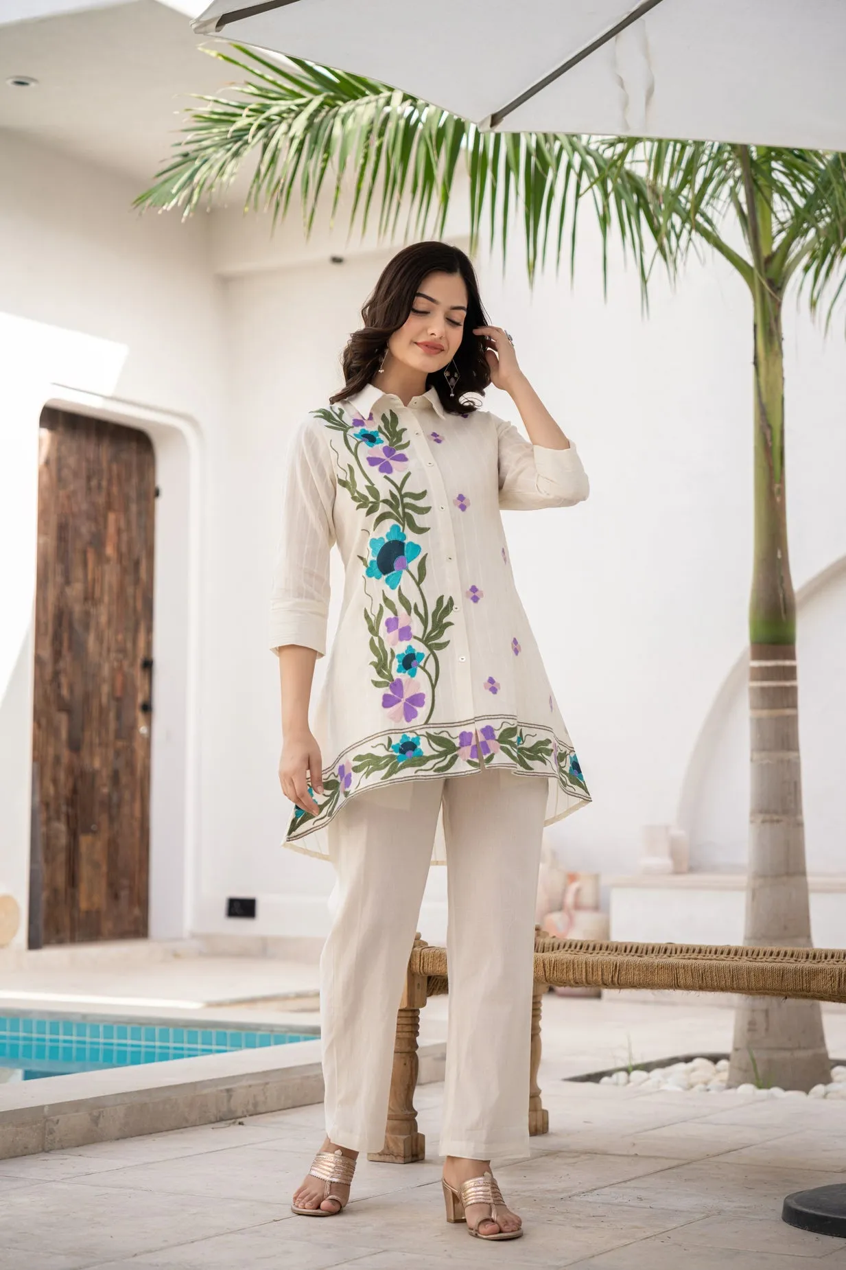 WOMEN'S COTTON DOBI THREAD EMBROIDERY WITH COLORFUL BRUSH PAINT