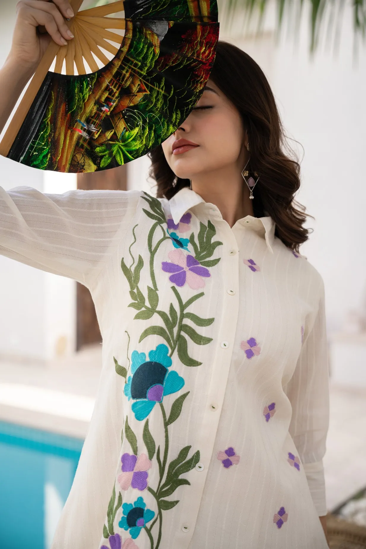 WOMEN'S COTTON DOBI THREAD EMBROIDERY WITH COLORFUL BRUSH PAINT