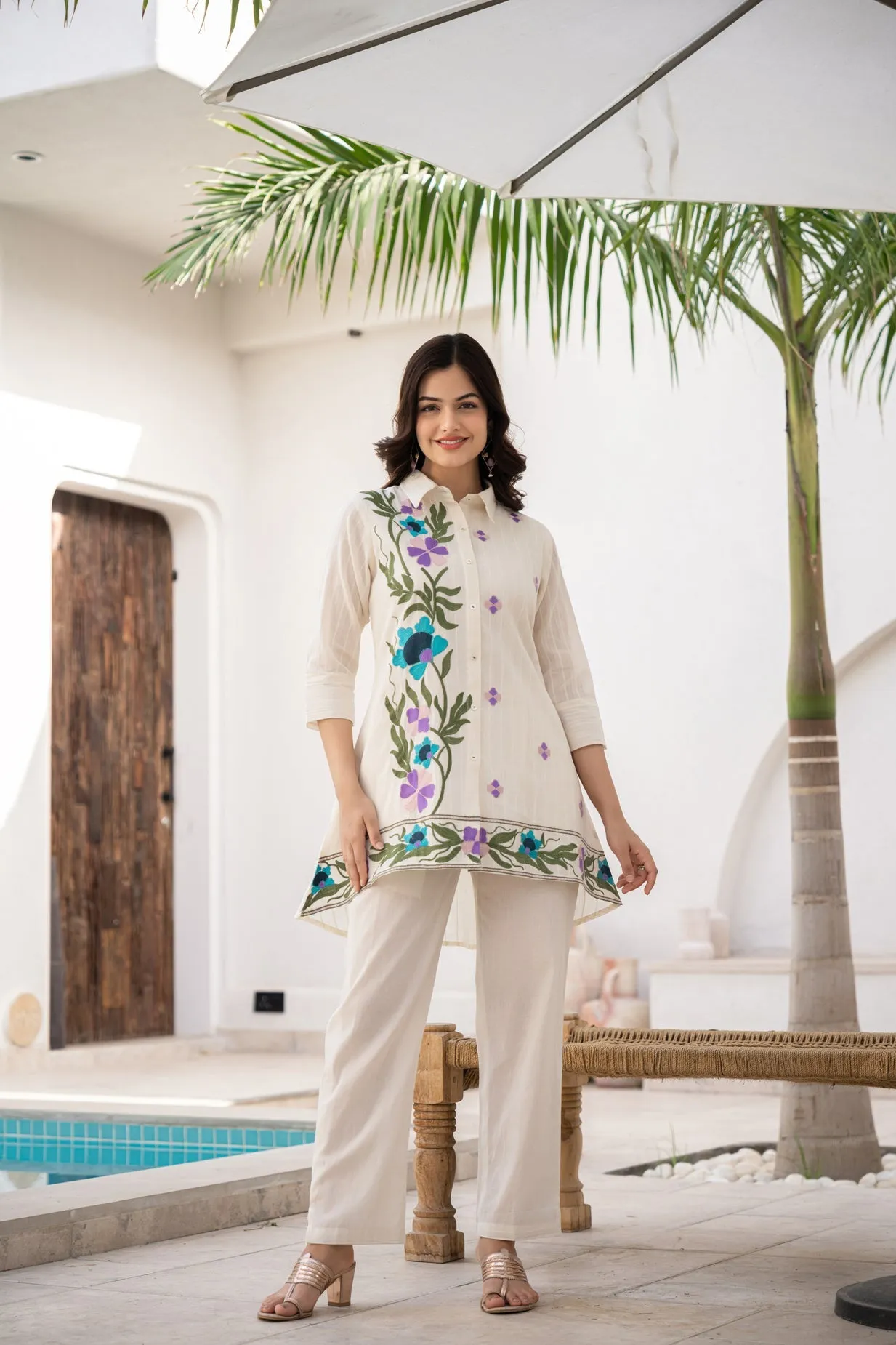 WOMEN'S COTTON DOBI THREAD EMBROIDERY WITH COLORFUL BRUSH PAINT