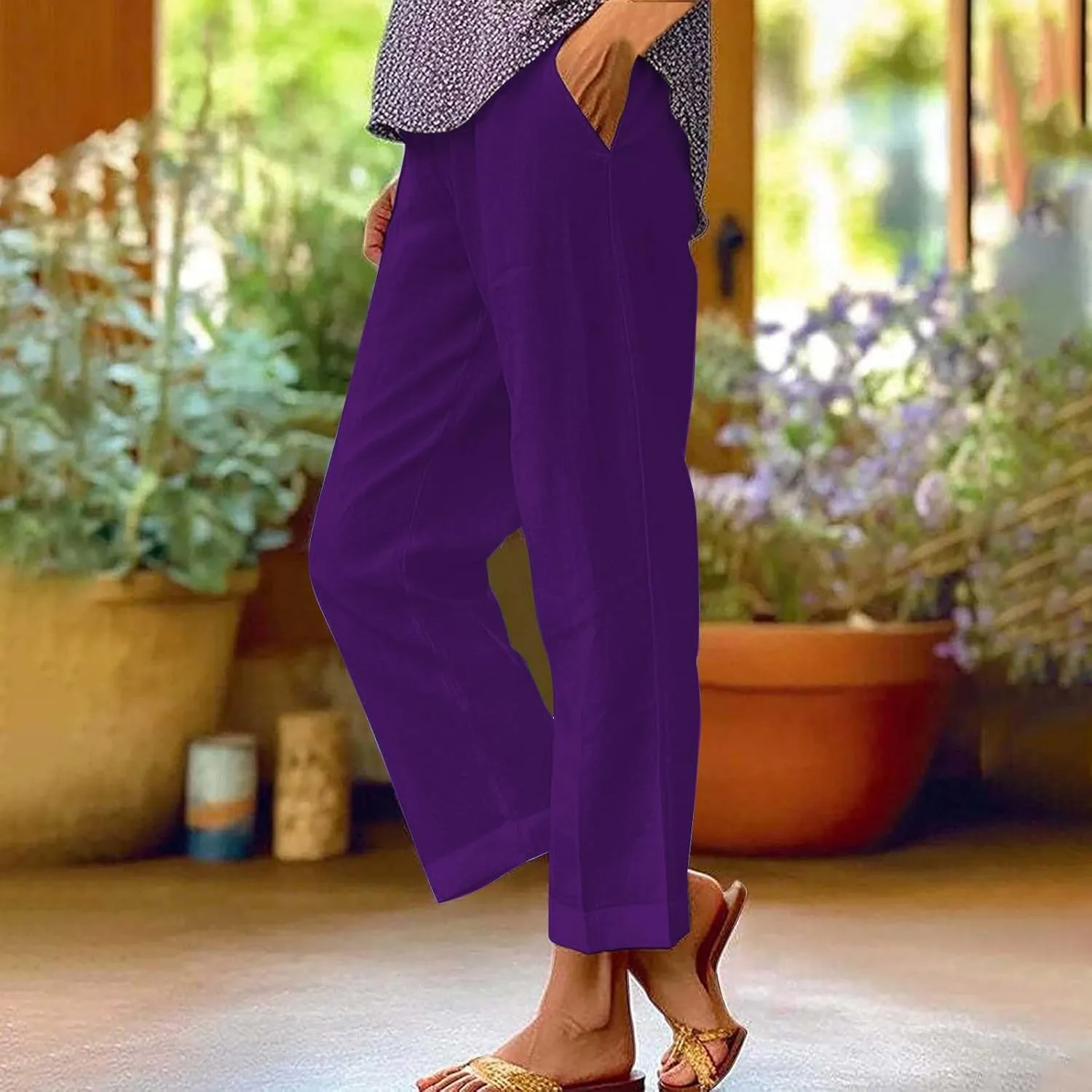 Womens Cropped Linen Pants Summer Elastic Waist Straight Leg Oversized Crop Pants Casual Trousers with Pockets