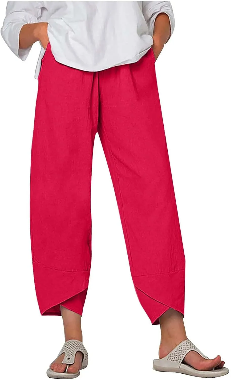 Women's High Waist Linen Long Pants - Solid Color Casual Trousers, Trendy Comfortable Relaxed Fit Summer Cropped