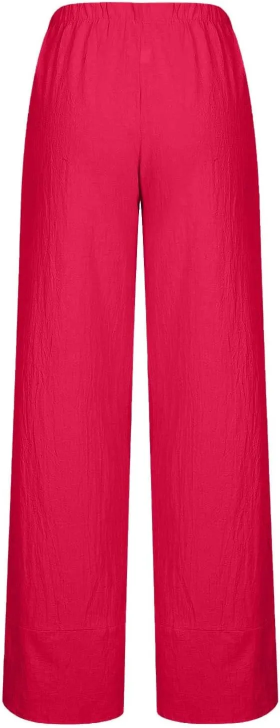 Women's High Waist Linen Long Pants - Solid Color Casual Trousers, Trendy Comfortable Relaxed Fit Summer Cropped