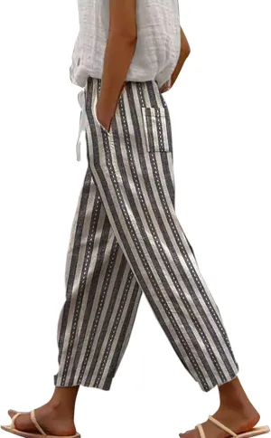 Women's Linen Capris with Pockets Striped High Waisted Relaxed Fit Floral Printed Boho Beach Vacation Trousers