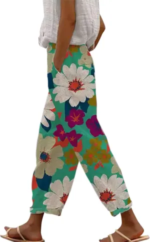 Women's Linen Capris with Pockets Striped High Waisted Relaxed Fit Floral Printed Boho Beach Vacation Trousers