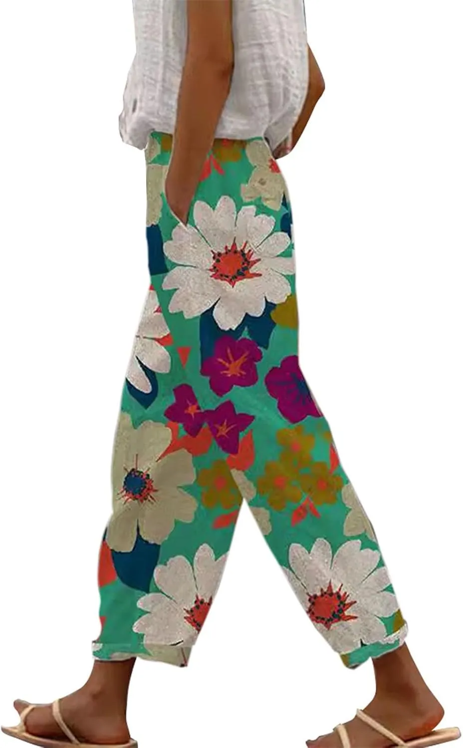 Women's Linen Capris with Pockets Striped High Waisted Relaxed Fit Floral Printed Boho Beach Vacation Trousers