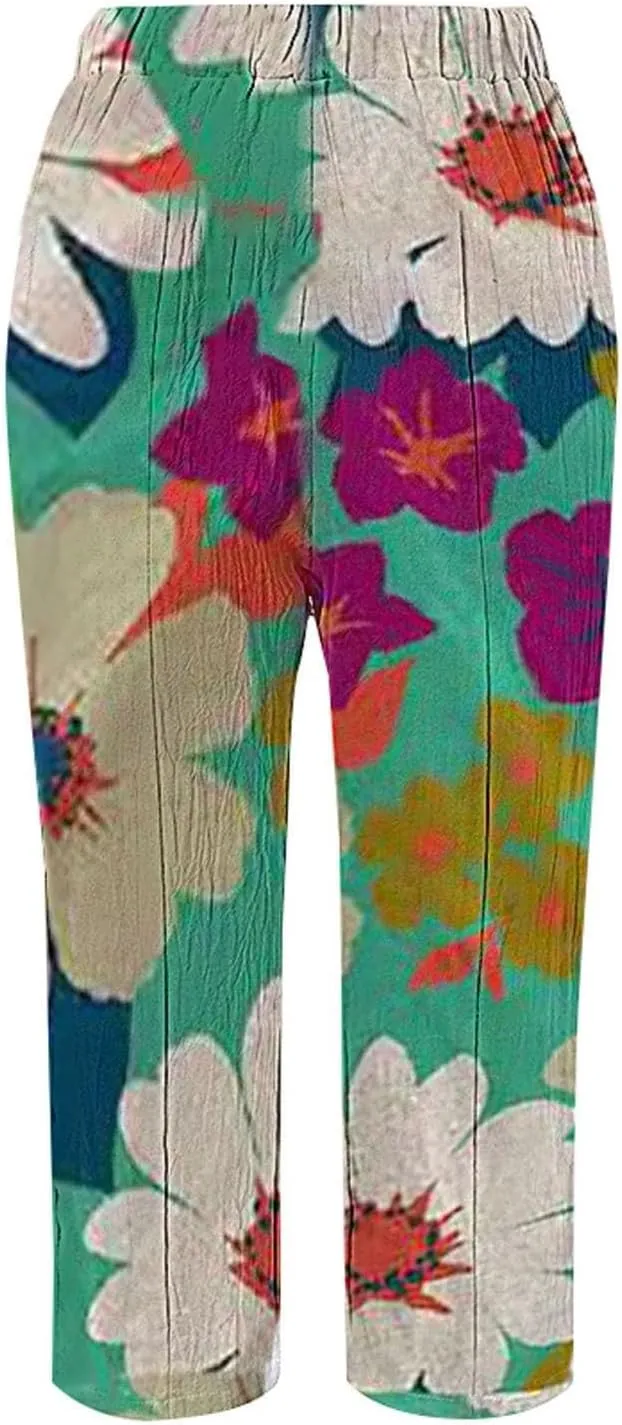 Women's Linen Capris with Pockets Striped High Waisted Relaxed Fit Floral Printed Boho Beach Vacation Trousers