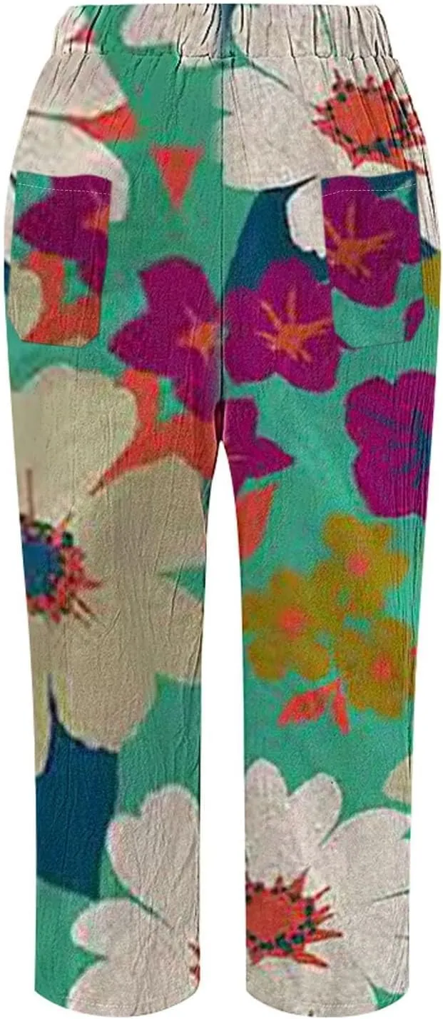 Women's Linen Capris with Pockets Striped High Waisted Relaxed Fit Floral Printed Boho Beach Vacation Trousers