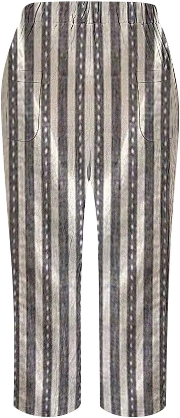 Women's Linen Capris with Pockets Striped High Waisted Relaxed Fit Floral Printed Boho Beach Vacation Trousers