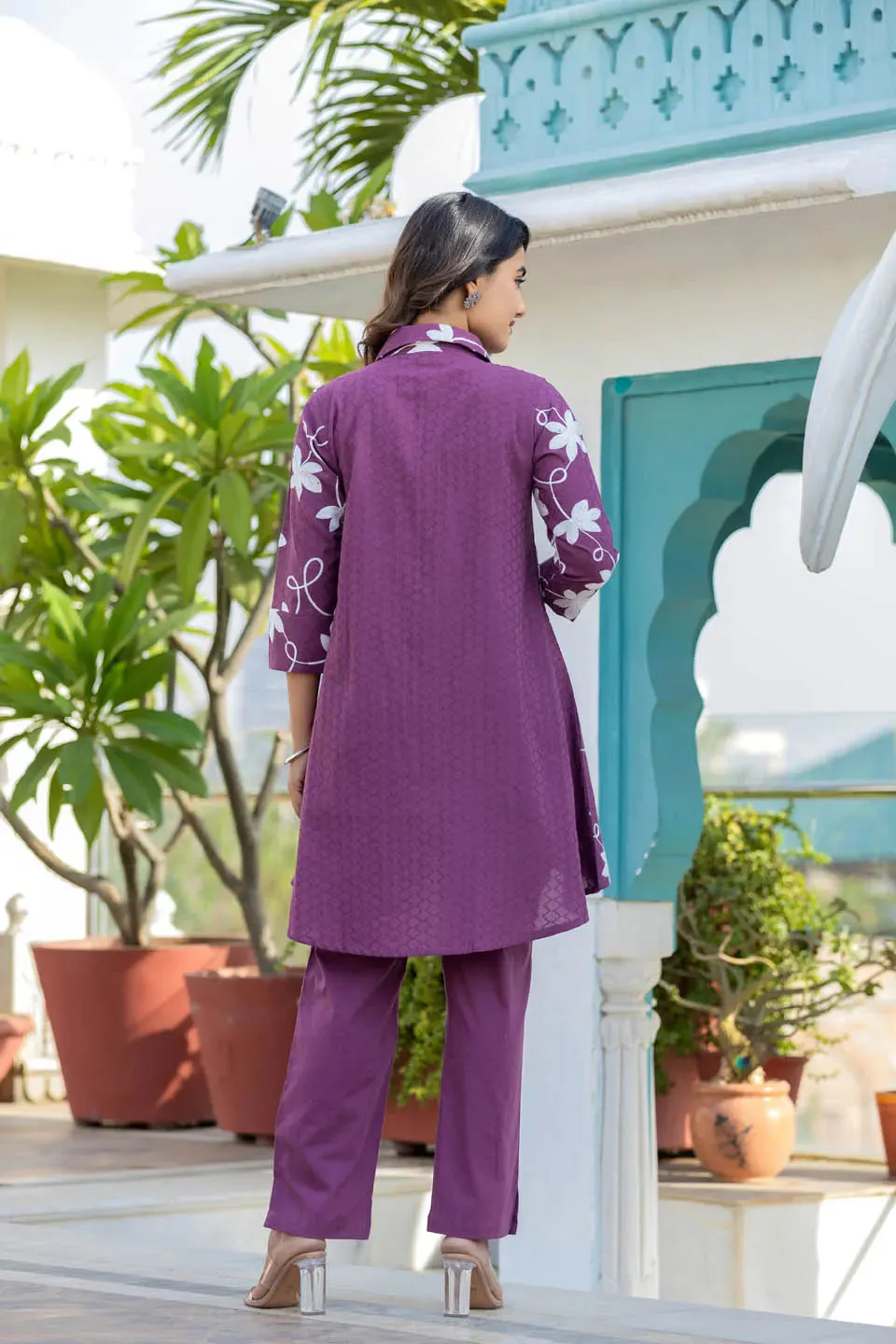 WOMEN'S PURPLE COTTON DOBBY SOOTHING EMBROIDERED COORD SET
