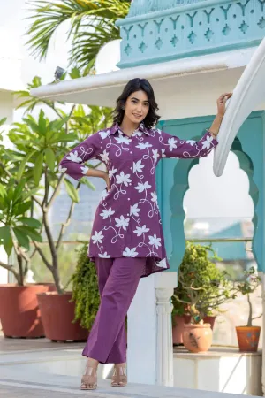 WOMEN'S PURPLE COTTON DOBBY SOOTHING EMBROIDERED COORD SET