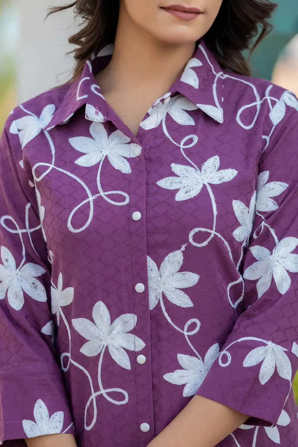 WOMEN'S PURPLE COTTON DOBBY SOOTHING EMBROIDERED COORD SET
