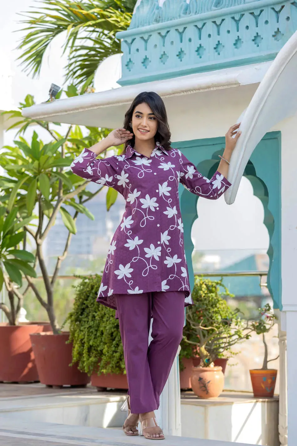 WOMEN'S PURPLE COTTON DOBBY SOOTHING EMBROIDERED COORD SET